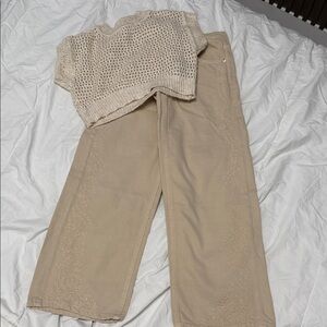 Zara Beige Embroidered Wide-Leg Pants